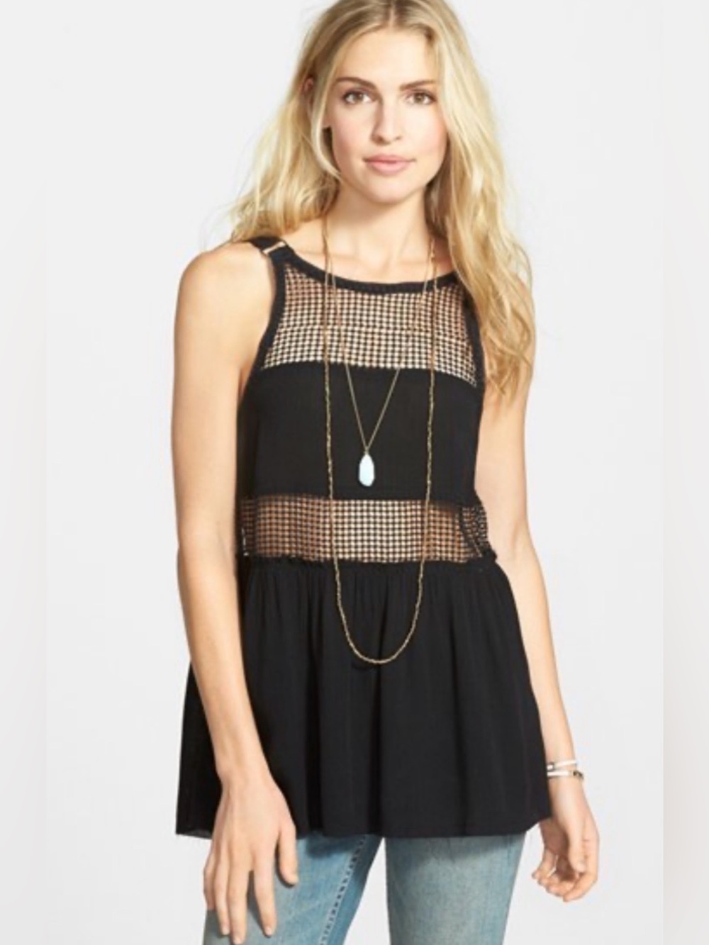 Free People Snap Out of It Sheer Panel Tank Small 90s Grunge Gothic Edgy Boho